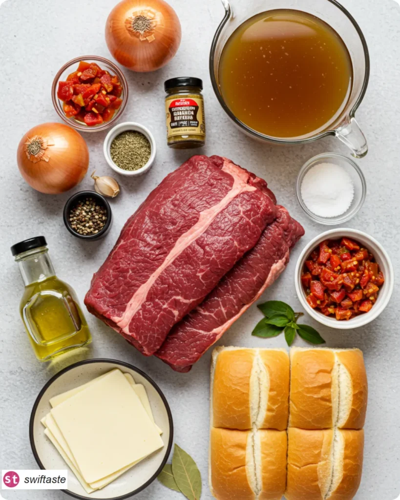 Ingredients for Slow Cooker Italian Beef Sandwiches overhead
