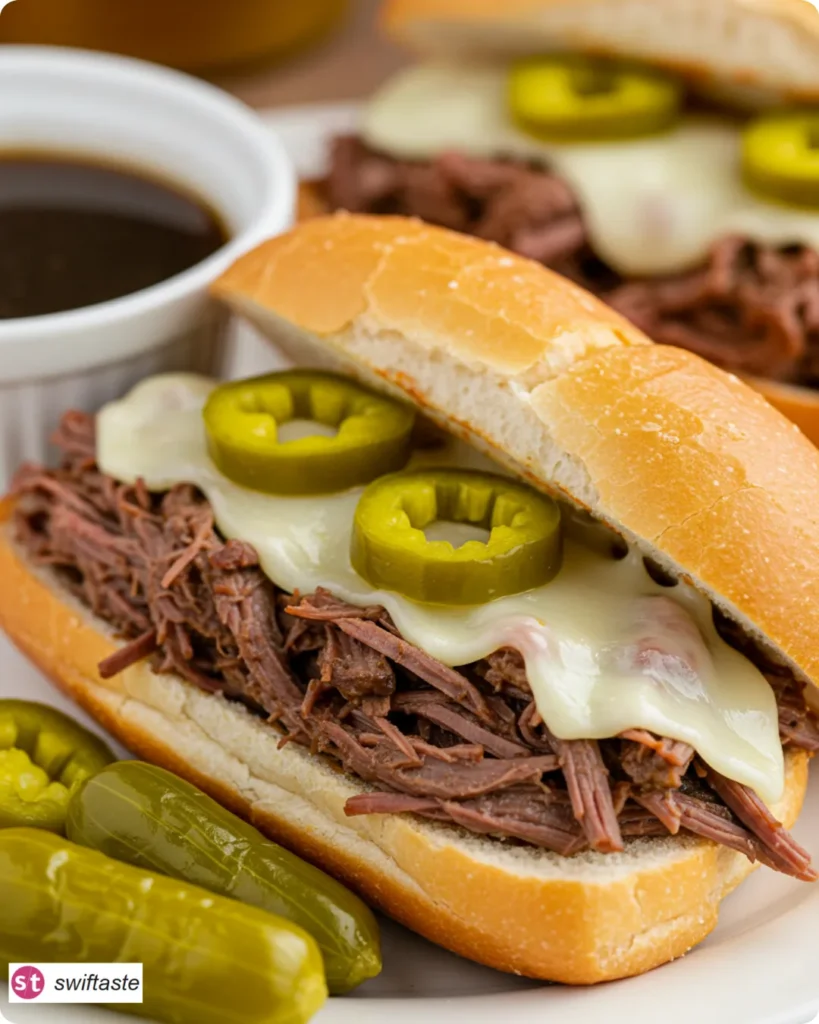 Slow Cooker Italian Beef Sandwich served with au jus