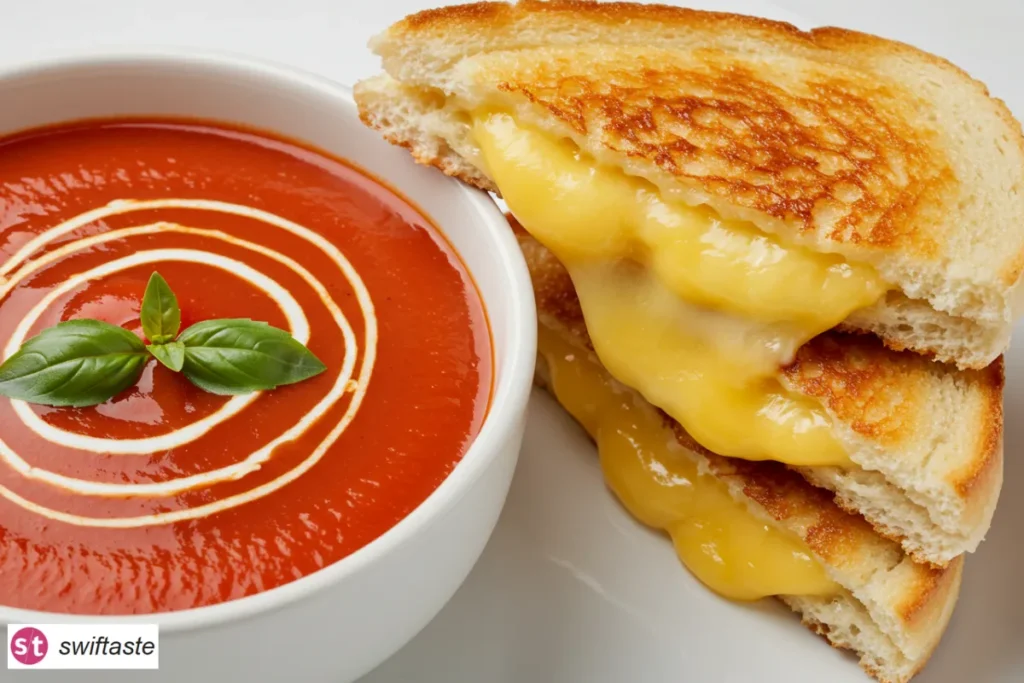 Tomato Soup and Grilled Cheese close-up with cheddar pull