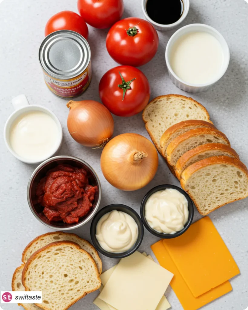 Ingredients for Tomato Soup and Grilled Cheese overhead