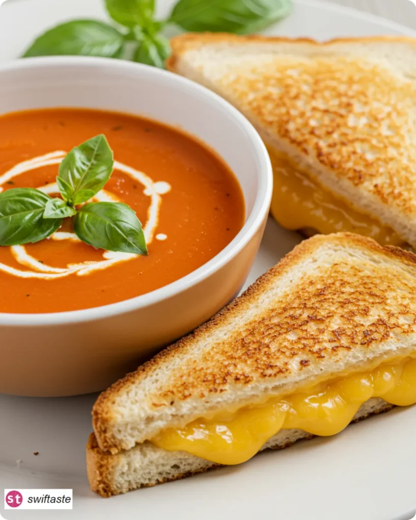Tomato Soup and Grilled Cheese served with basil and cream