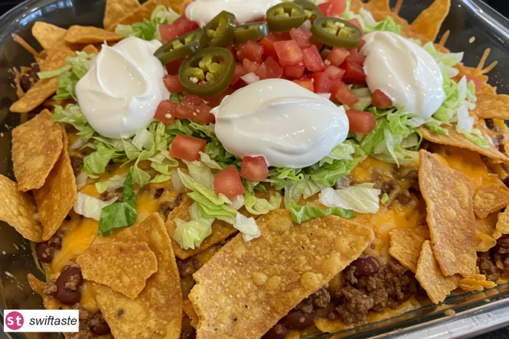 Walking Taco Casserole with Fritos topped with lettuce and jalapeños