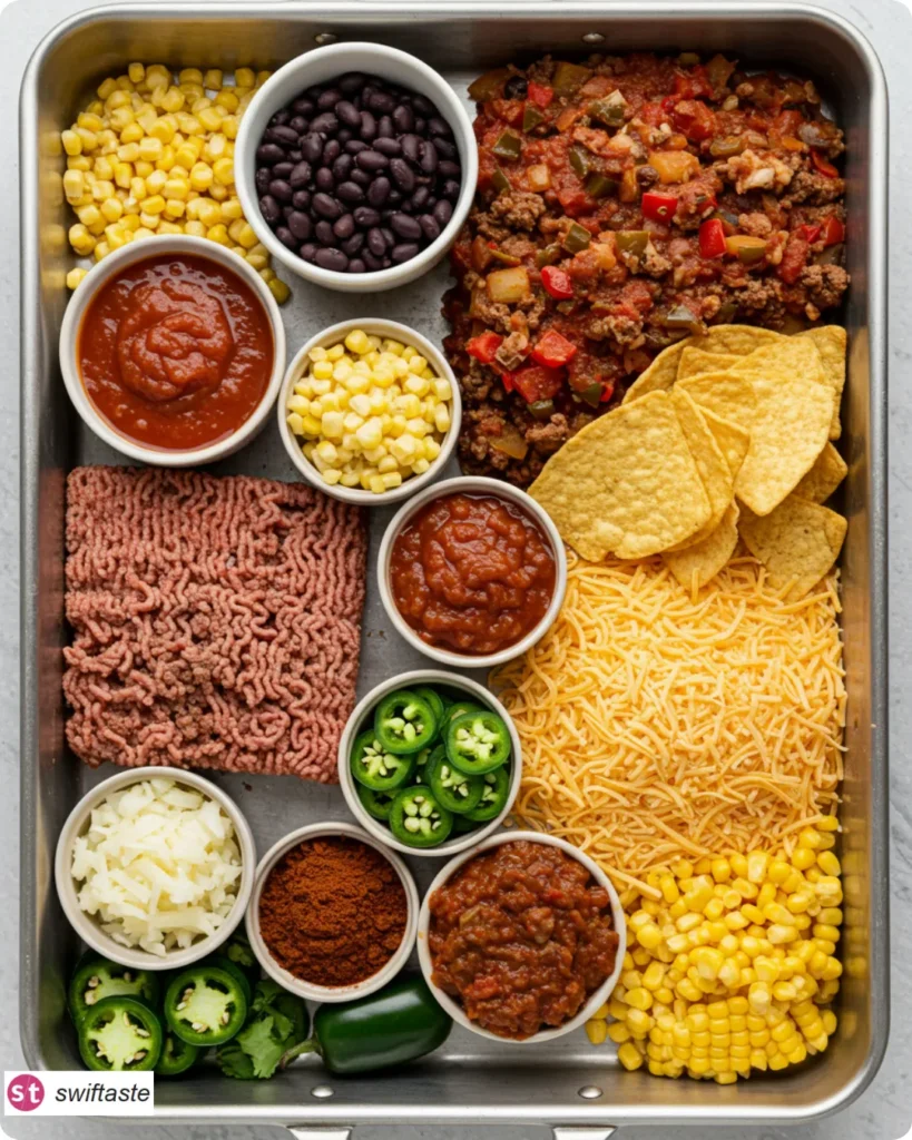 Ingredients for Walking Taco Casserole with Fritos arranged neatly