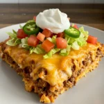 Plated Walking Taco Casserole with Fritos and fresh toppings