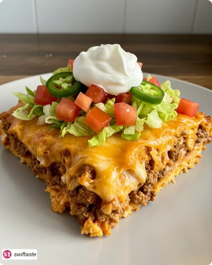 Plated Walking Taco Casserole with Fritos and fresh toppings