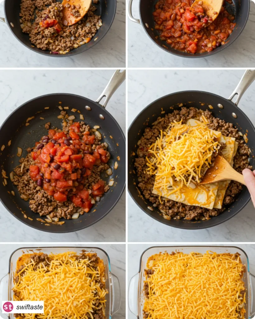 Step-by-step assembly of Walking Taco Casserole with Fritos