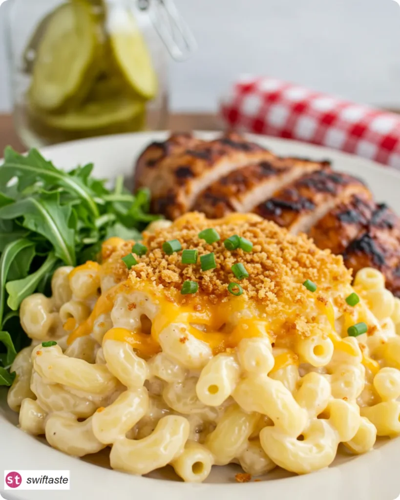 White Cheddar Mac and Cheese served with grilled chicken and salad