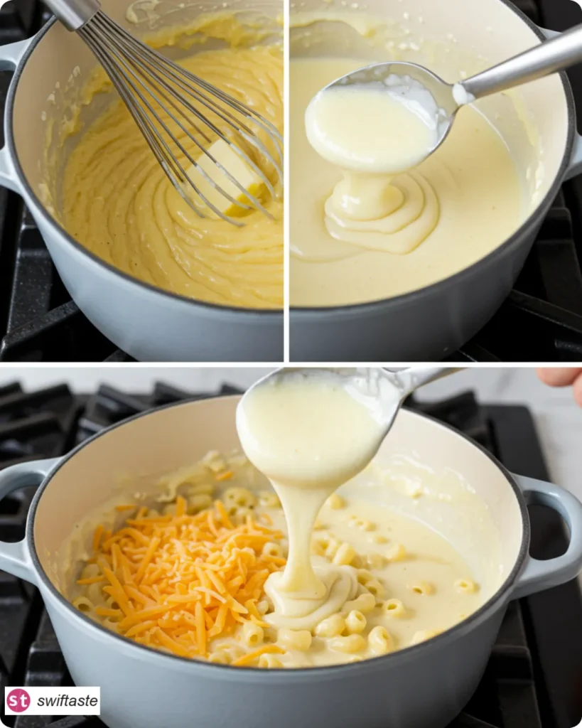 Steps for White Cheddar Mac and Cheese roux, sauce, and mixing