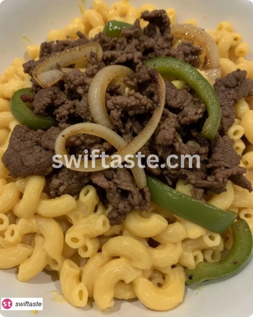 High Protein Philly Cheesesteak Mac Cheese