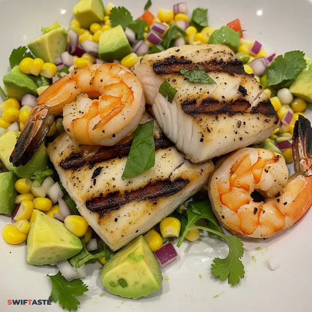 Grilled Fish Shrimp Bowl with Avocado and Corn Salsa