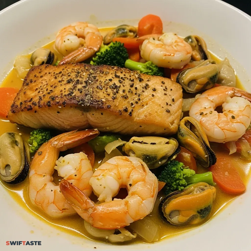 Salmon Shrimp and Mussels in Creamy Garlic Sauce